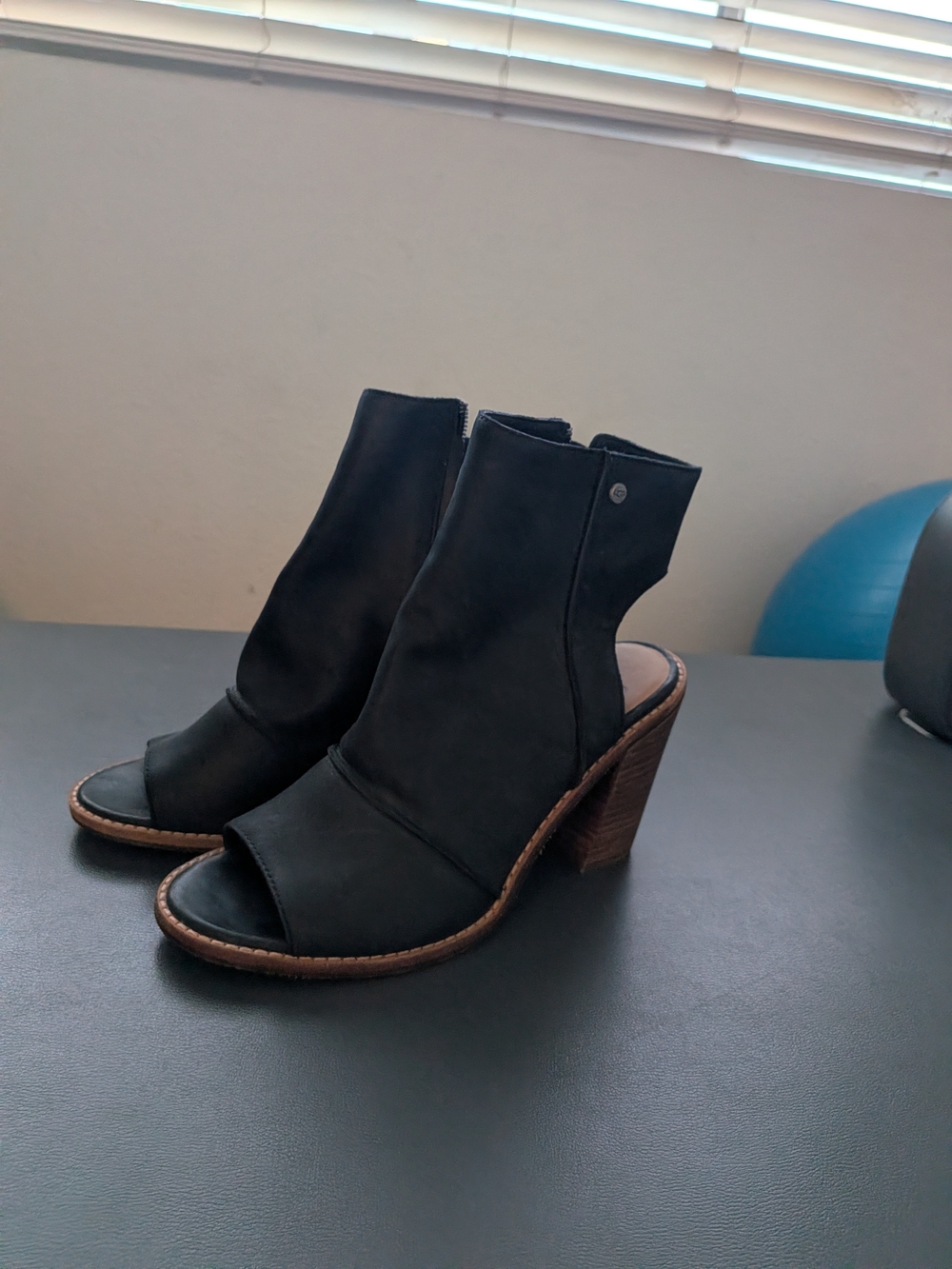 UGG Black Open-Toe Stacked Heel Booties with Brown Wood Heel